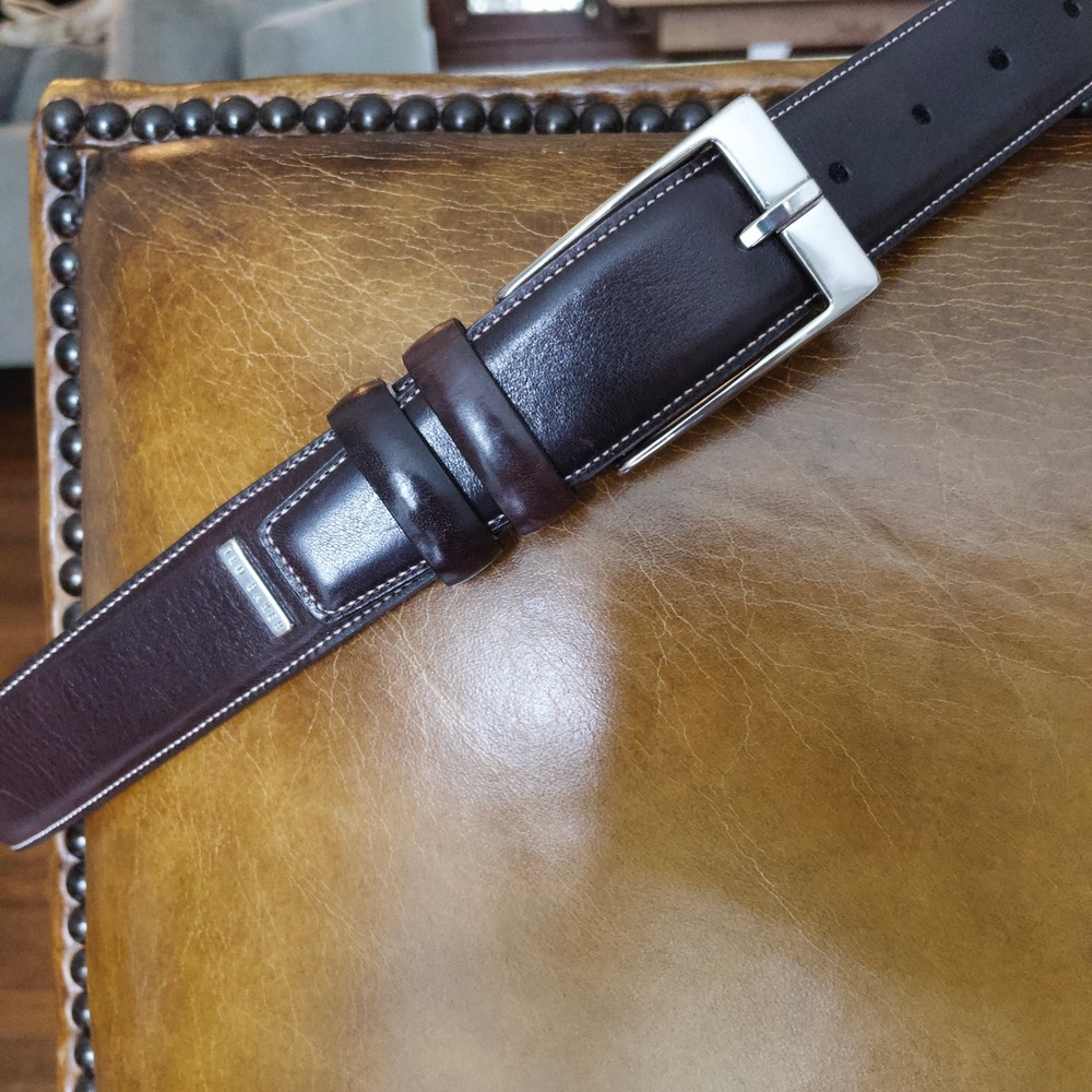 Ted Baker Belt Mens 34 Brown Italian Leather Solid Brass Buckle Formal 0906